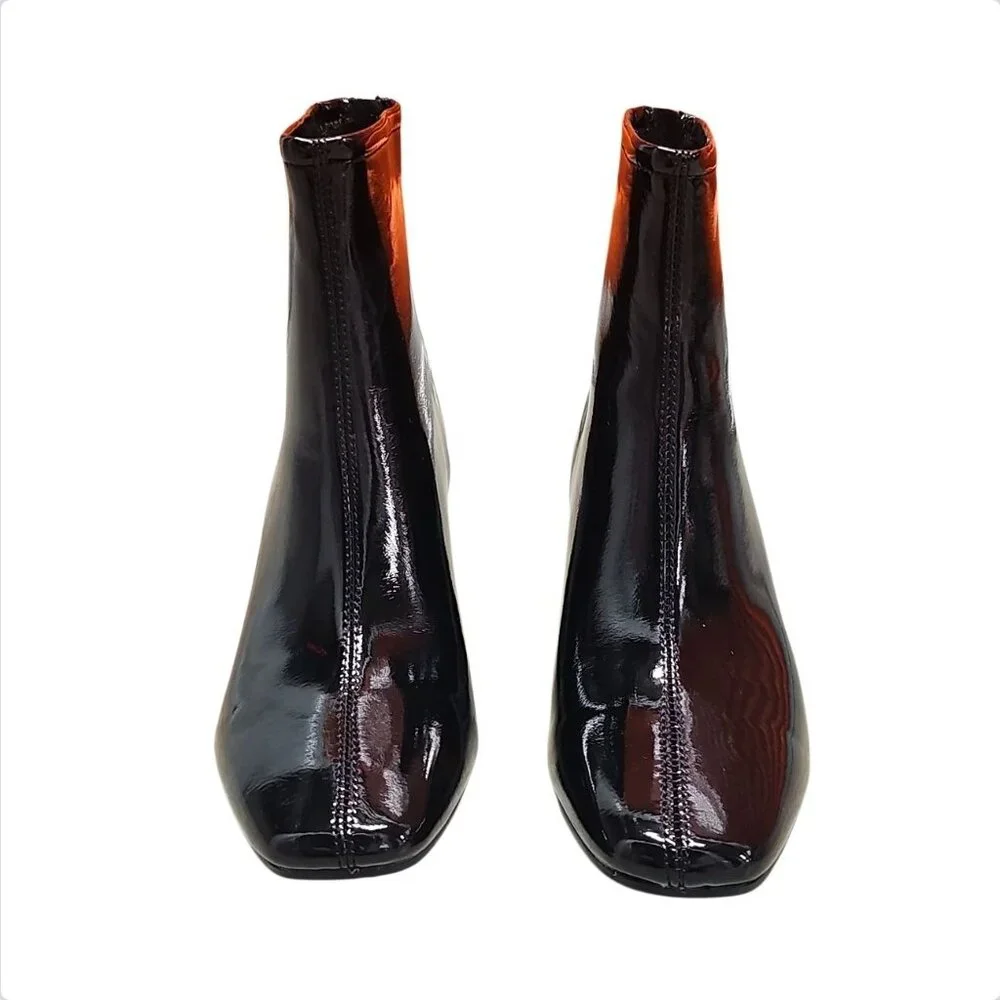 Black Patent Leather Chunky Heel Ankle Boots With Side Zipper Closure